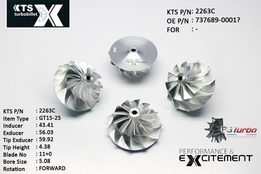 Turbo ROUE FORGÉE MFS PERFORMANCE - 11+0 PALES - INDUCER : 43,41 - EXDUCER : 56,03 - TYPE : GT15-25ANGLE : 60° - ROTATION : Forward - SUPER BACK : 4,3735 - BORE SIZE : 5,08
